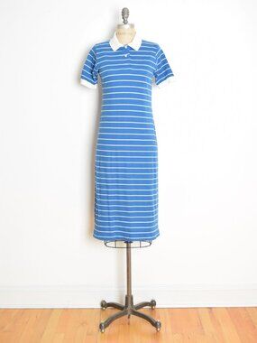 vintage 80s dress preppy polo collar knit blue striped golf long tee midi S